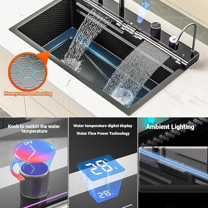 อ่างล้างจานสแตนเลสแบบน้ำตก แบบเดี่ยว กันรอยขีดข่วน จอแสดงผล LED ดิจิตอล